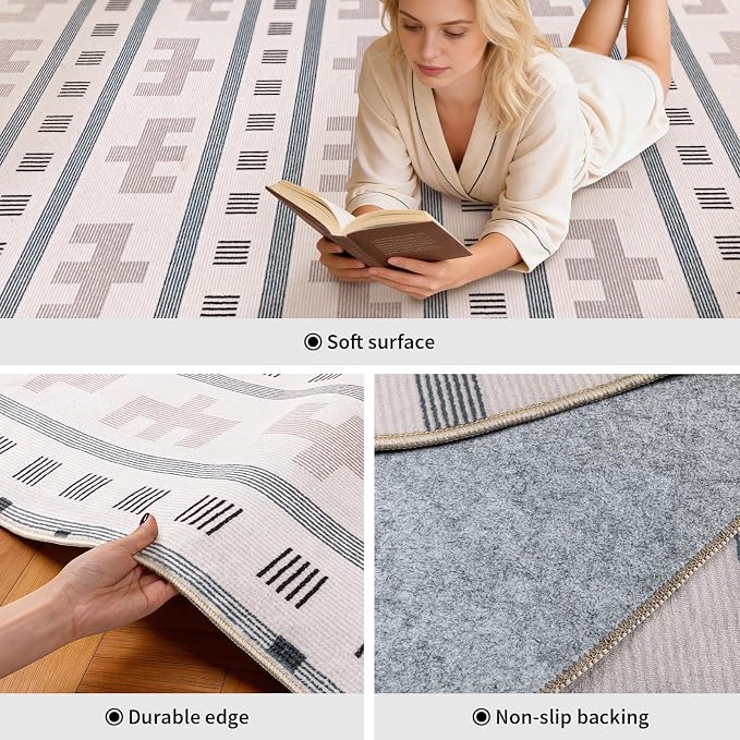 6x9 Washable Area Rug for Living Room, Southwestern Tribal, Cream Beige | Boho Geometric Pattern, Neutral Low Pile Non Slip Rug for Bedroom Dining Room Office, Soft Faux Wool