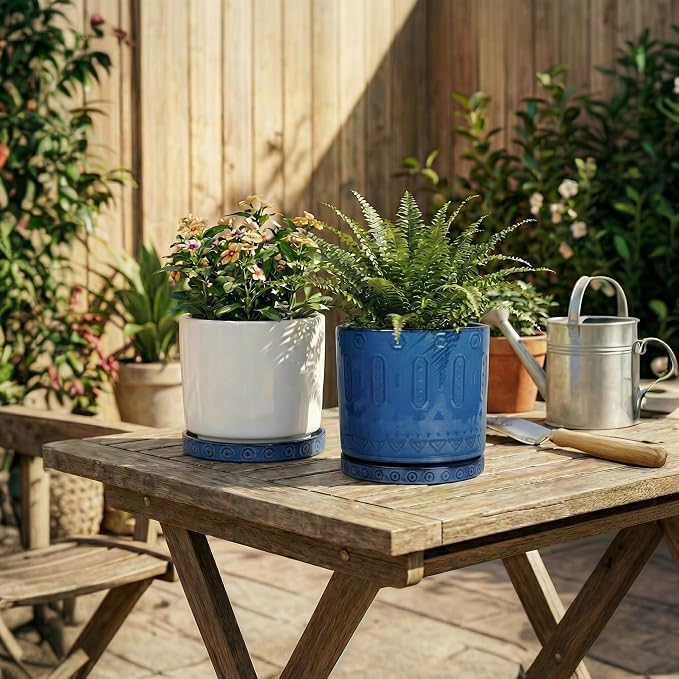 Eightpot 2 Pack 5.6 Inch Flower Pot Saucers, Plant Water Catcher Tray for Indoor Outdoors, Round Plants Plates to Catch Water, Boho Plants Dishes to Catch Water, Decorative Planter Tray, Blue