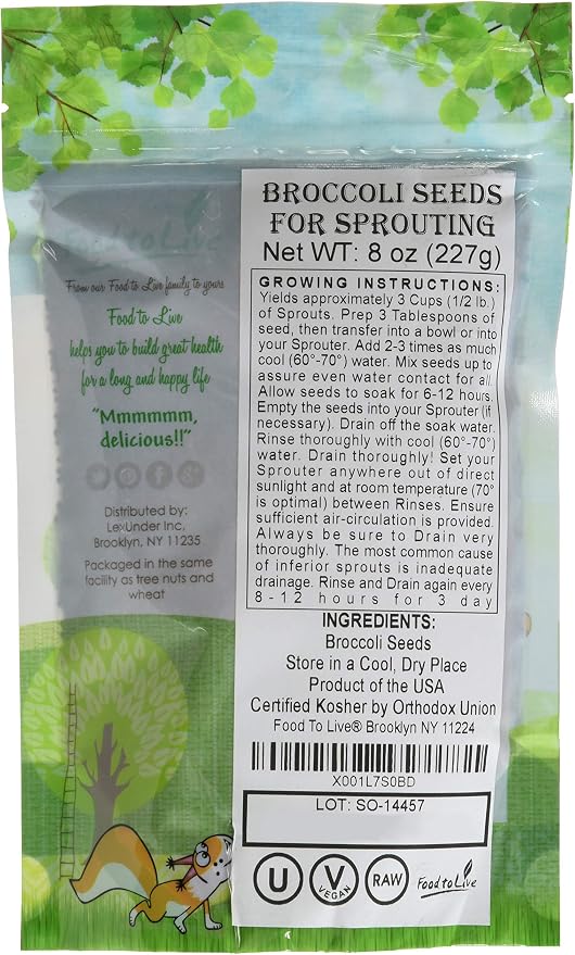Food to Live Broccoli Seeds for Sprouting, 8 Ounces – Vegan, Kosher, Sirtfood, Bulk. Rich in Sulforaphane, Vitamin C, Vitamin A. Great for Growing Sprouts, Microgreens. High Germination Rate