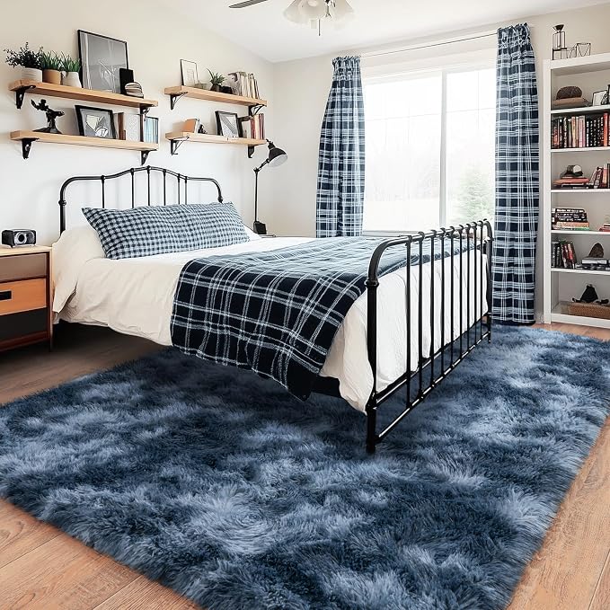 Rugs for Bedroom, Ultra Fluffy Fuzzy Shag 5x7 Area Rug for Living Room, Modern Plush Soft Upgrade Non-Slip Carpet for Kids Girls and Boys, Dorms, Nursery, Home Decor, Tie-Dyed Blue Grey