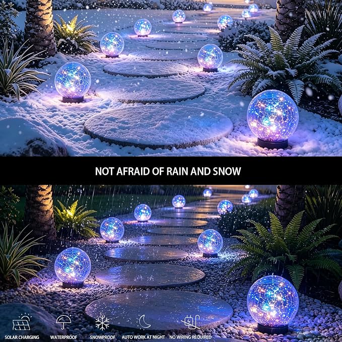 HOTEAGLE Solar Globe Lights Outdoor Waterproof-Large 2-Pack LED Solar Balls Lights for Outside Garden-Cracked Glass Ball Solar Lights for Garden Patio & Lawn Backyard Decor (Polychrome, 5.9 inch)