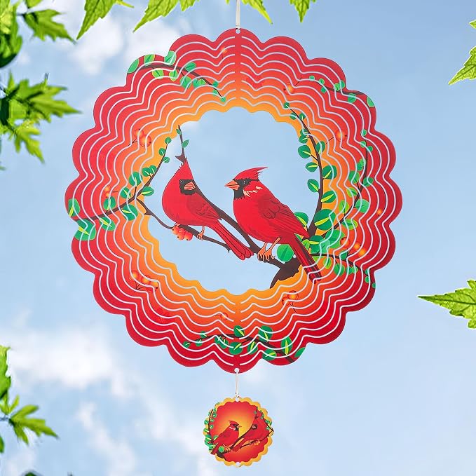 Cardinal Wind Spinners Garden Yard Decor Gift for Women Men, 12 Inch Outdoor Metal 3D Wind Spinner, Stainless Steel Hanging Wind Catchers Kinetic Sculpture for Outside Decoration