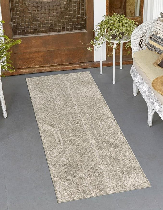 Unique Loom Outdoor Bohemian Collection Area Rug - Anthro (2' 7" x 8' Runner, Gray/ Ivory)
