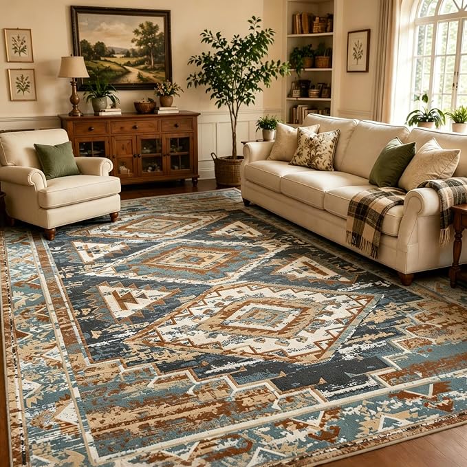 Washable 8x10 Area Rug for Living Room, Rustic Farmhouse Low-Pile Non-Slip Carpet, Stain Resistant Vintage Southwestern Rug for Dining Room Bedroom, Blue Rust Ivory