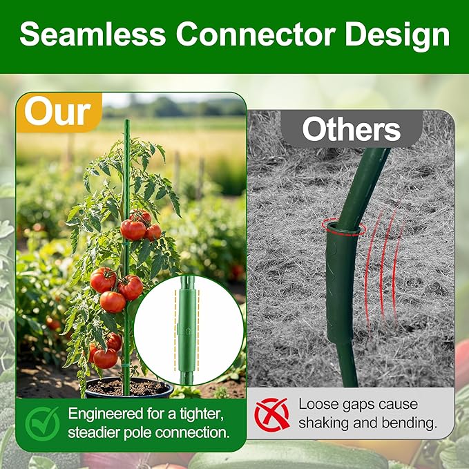 WAENLIR Garden Stakes16 Inch 24 Pack, Tomato cage DIY 4ft 5ft 6ft 7ft 8ft Plant Support Stakes with Connectors and Clips, Plastic Coated Metal Sticks for Tomato Indoor Outdoor