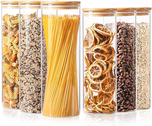 ComSaf Pasta Containers Storage 2 Qt/1.1Qt, 6 Pack Tall Glass Spaghetti Jar | Tall Glass Jar, BPA Free, Glass Storage Containers wtih Lids, Noodles, Cereal, Oats, Dry Food Storage, Pantry Pasta Holder