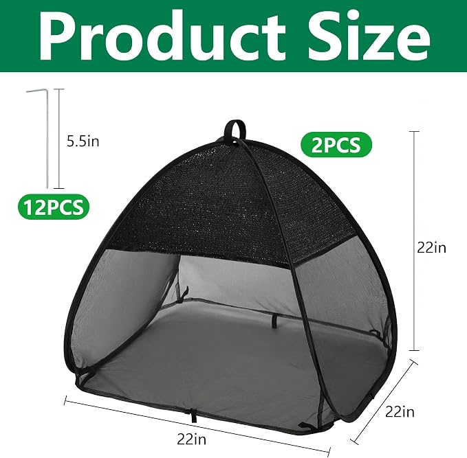 2 Pcs Pop Up Garden Netting Bug and Shade Covers, 22" x 22" x 22" Plant Sun Shade Top Bird Netting Tents, Insect Barrier Sun Protection Plant Cover Tent for Outdoor Plants Vegetables Fruits (Black)