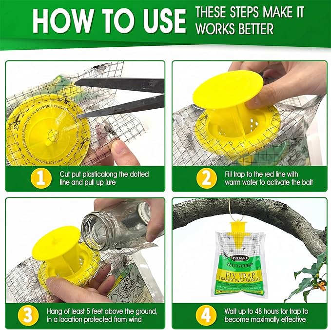 Fly Traps Outdoor Hanging, Natural Pre-Baited Bug Catcher Bags, Non-Toxic Flying Insect Killer for Outside Home, Patio, Trash Can, Horse Stables, Farm, Pastures, Backyard & Camping,4 Pack