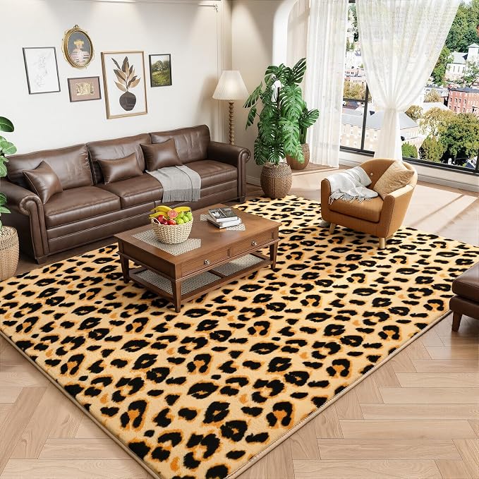Amearea Soft Leopard Rugs for Bedroom Living Room, 6x9 Cheetah Print Rug | Fluffy Indoor Thickened Memory Foam Rug, Washable Animal Rug Carpet for Kids Boys Girls Dorm Nursery Room Home Decor, Khaki