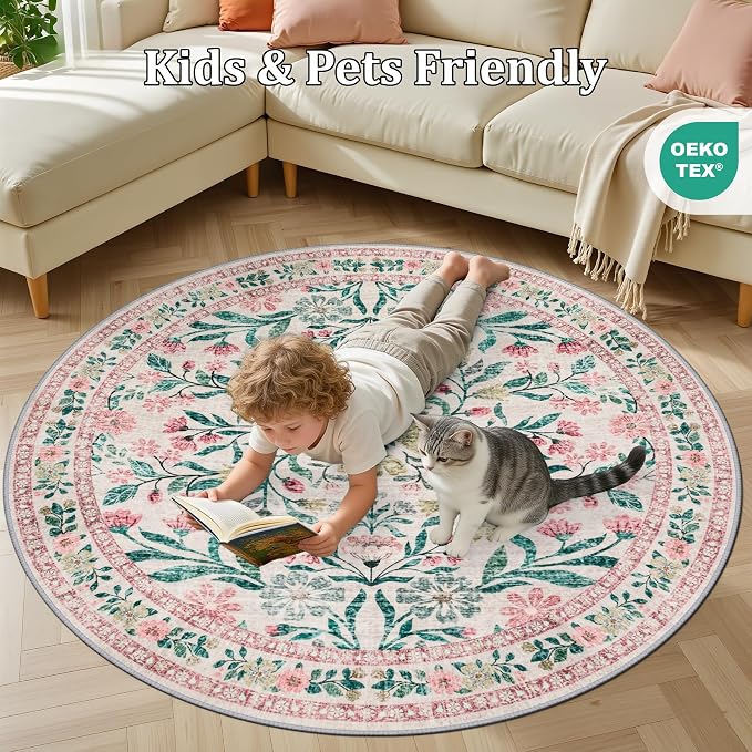PLHXFR Round Area Rug Living Room: 4 ft Floral Washable Carpet Pink Green | For Bedroom Dining Room Farmhouse Nursery Hallway,Vintage Floral,Machine washable,Non Slip,Stain Resistant,Large Indoor