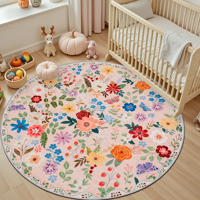 PLHXFR Round Area Rug Living Room: 4 ft Floral Washable Soft Carpet Beige | For Bedroom Dining Room Farmhouse Nursery Hallway,Vintage Floral,Machine washable,Non Slip,Stain Resistant,Large Indoor