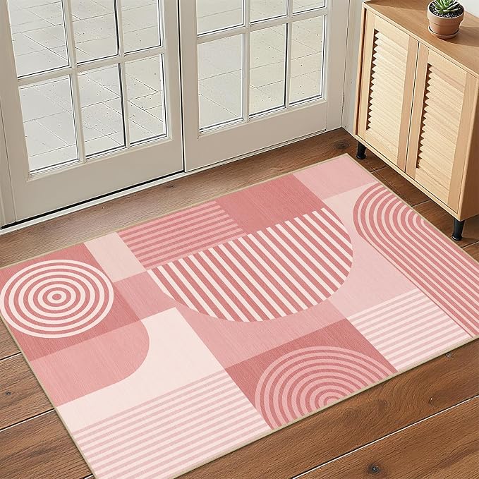Pink Geometric Rug 2x3 for Entryway Machine Washable Mid Century Modern Rug Non Slip Low Pile Minimalist Line Rugs Door Indoor Mat Carpet for Bathroom Bedroom Kitchen Laundry,Pink
