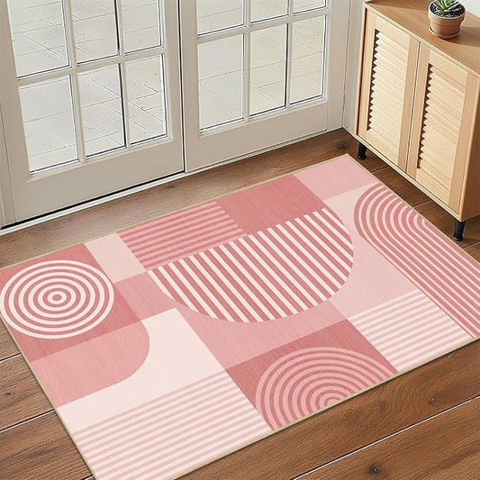 Pink Geometric Rug 2x3 for Entryway Machine Washable Mid Century Modern Rug Non Slip Low Pile Minimalist Line Rugs Door Indoor Mat Carpet for Bathroom Bedroom Kitchen Laundry,Pink