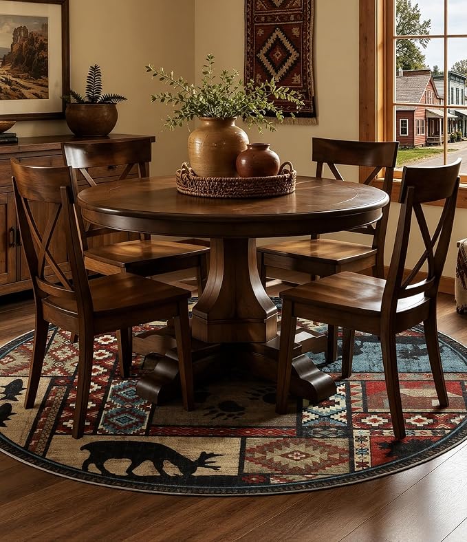 YIHOUSE Rustic Round Rug 6ft, Washable Circle Area Rug with Non-Slip Backing, Low Pile Soft Western Cabin Rugs for Living Room, Bedroom