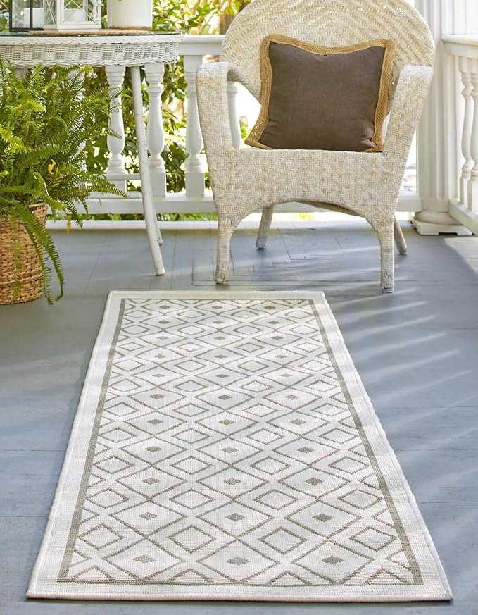 Unique Loom Outdoor Trellis Collection Area Rug - Kafes (2' x 6' 1" Runner, Ivory/ Gray)