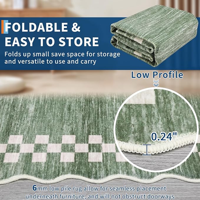 GarveeHome Scalloped Round Rug 4ft Washable Modern Solid Color Circle Rugs | Non Slip Low Pile Living Room Throw Carpat Washable Bedroom Scalloped Stain Resistant Bordered Round Rug for Kitchen, Green