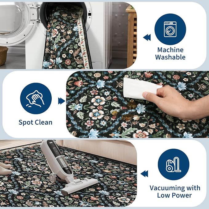 ROYHOME Runner Rug Trellis Washable Hallway Runner Non-Slip | Stain Resistant Vintage Distressed Floral Entrance Carpet for Bedroom Laundry Kitchen Entryway, Black, 2' x 6'