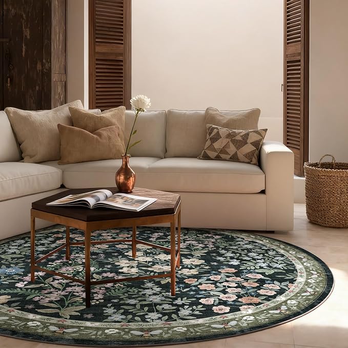 Washable Round Rugs for Bedroom 4ft: Living Room Rug Stain Resistant Non Slip Low Pile Ultra Soft Faux Wool Small Circle Rugs for Entryway Kitchen Nursery Dorm Home Office Bathroom Entrance Indoor