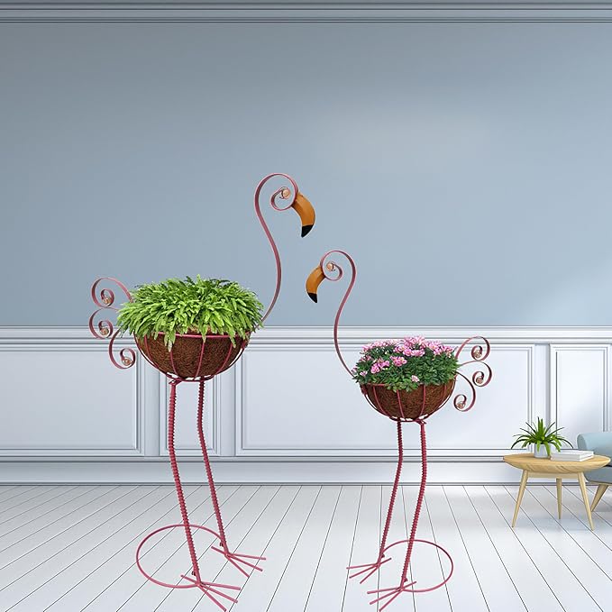 Pink Flamingo Planters,Metal Flamingo Plant Pots Decorations with Fiber Basket,Outdoor Indoor Standing Bird Planters Lawn Garden Décor Art for Lawn,Yard,Patio,Balcony Ornament（Set of 2）