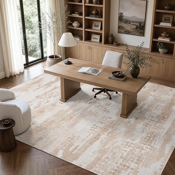 DCX Abstract Washable 6x9 Rug, Non Slip Low Pile Rug, Beige | Easy to clean, non-shedding, soft, kid & pet friendly, with a non-slip rubber backing for living rooms, bedrooms, and offices