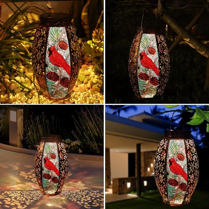 Larekook Cardinal Solar Lantern Outdoor Waterproof,13" Large Metal Hanging Christmas Decorative Lantern,Cardinals Solar Lights for Outside Yard Lawn Patio Garden Decor,Cardinal Gifts for Women Mom