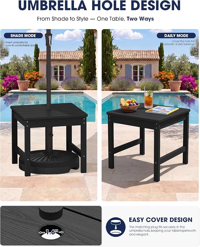 KINGYES Double Side Table with 1.6'' Umbrella Hole, HDPE Adirondack End Table- Black