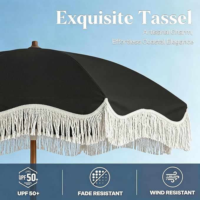 7FT Patio Umbrella with Fringe, Outdoor Tassel Umbrella with Fiberglass Ribs, Boho Beach Umbrella, Push Button Tilt and Carrying Bag, UPF50+