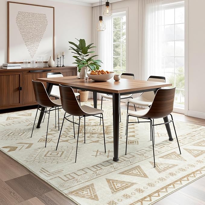 5x7 Western Rustic Aztec Area Rug for Living Room Bedroom Dining Room | 5x7 Southwestern Tribal Warm Beige Low Pile Faux Wool Rug, Machine Washable Non-Slip Carpet for Living Room Dining Bedroom