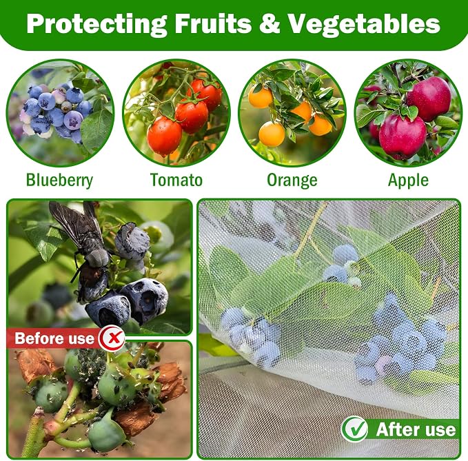 2 PCS Large Fruits Tree Netting Cover for Garden 4 x 6 ft Garden Insect Bird Barrier Plant Netting for Tomato Blueberry Bush Netting Covers Deer Cicada Netting Cover Bag with Drawstring