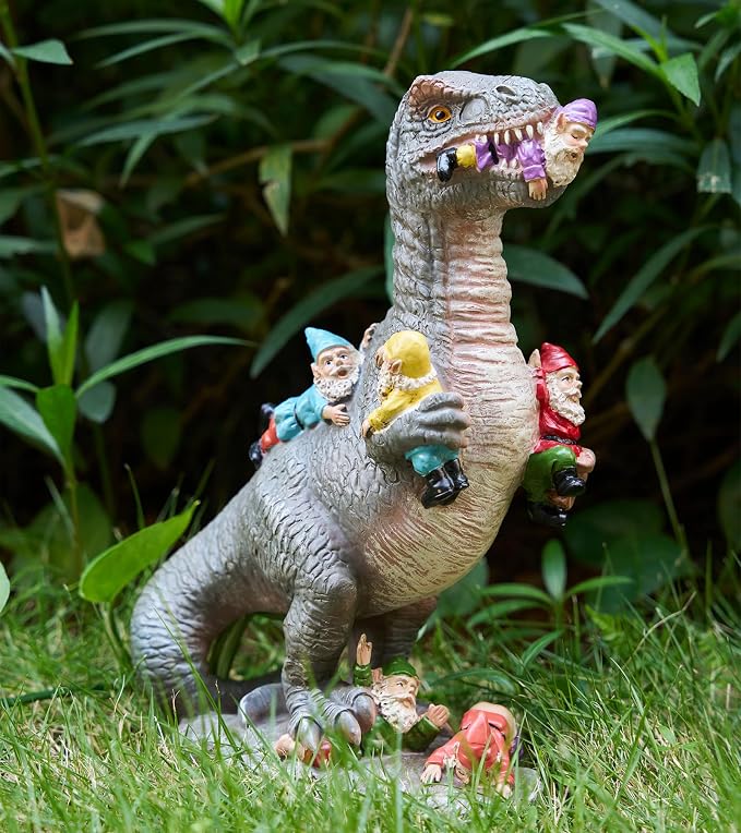 12-Inch Dinosaur Garden Gnome Statue, Outdoor Garden Decor | Funny Patio and Lawn Decoration, Gardening Gift for Women and Housewarming Present