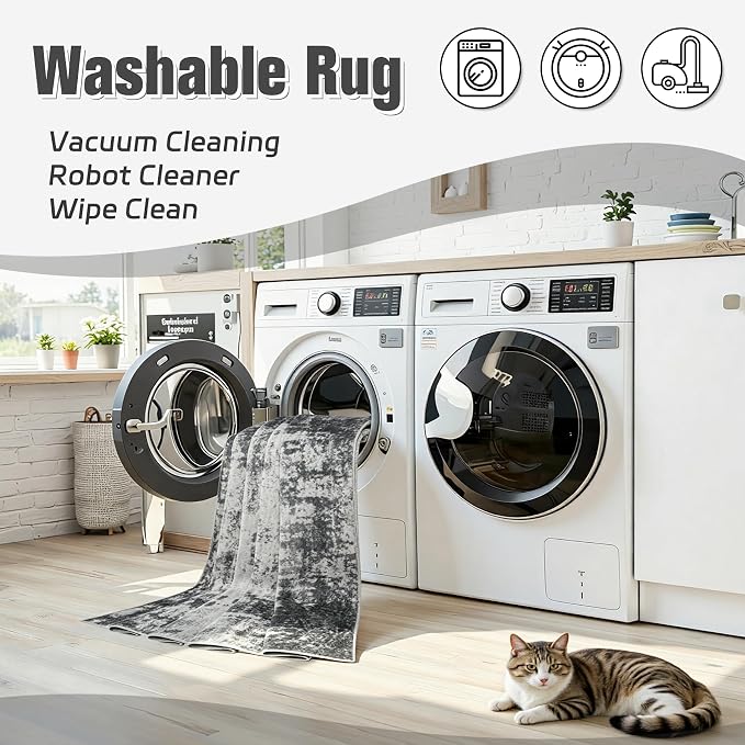 5x7 Area Rugs for Living Room: Washable Soft Gray White Abstract Carpet | Non-Slip TPE & Stain Resistant,0.25" Low-Pile,Kids Pet Friendly Modern Decor for Dining Room Farmhouse Office, Non-Shedding
