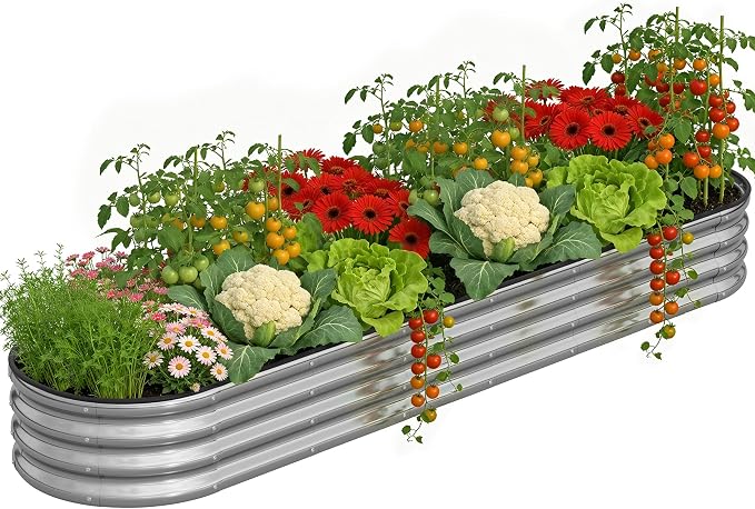Planters for Outdoor Plants, 8×2×1ft for Outdoor Garden Box with Easy Assembly,Oval Large Galvanized Gardening Raised Bed for Vegetables, Fruits, Flower Silver
