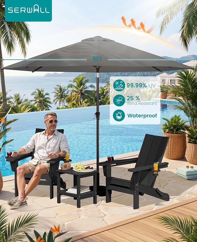 SERWALL Modern Folding Adirondack Chair Set with 9 Ft Umbrella, Folable Adirondack Chairs Set of 2 with Cup Holders, HDPE Fire Pit Chairs for Patio Lawn Garden, Gray (Umbrella Base is not Included)