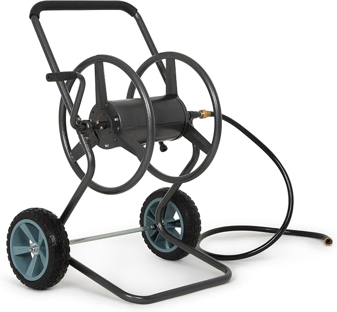 Backyard Expressions 2‑Wheel Garden Hose Reel Cart, Portable Hand‑Crank Hose Reel, Rust‑Resistant Hammertone Gray Finish, Brass Connectors