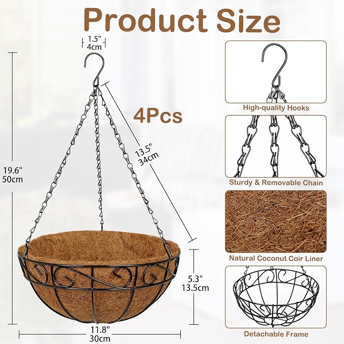 4 Pack 12 inch Metal Hanging Baskets for Plants, Round Metal Wire Hanging Basket Planter with Coco Fiber Liners Chain for Garden Home Porch Patio, Flower Border