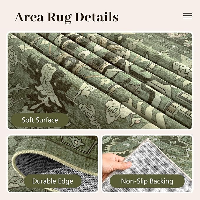 5x7 Ft Area Rugs for Living Room, Soft Non-Slip Machine Washable Rug, Vintage Stain Resistant Carpets for Bedroom Nursery Dining Room Home Decor (Green)
