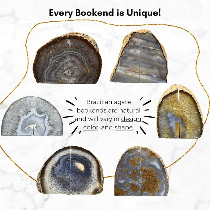 Nature's Decorations Natural Agate Bookends – A+ Grade Geode Heavy Duty Decorative Stone Crystal Book Ends for Shelves & Bookcases, Polished Bookshelf Decor, 1 Pair 4-6Lbs