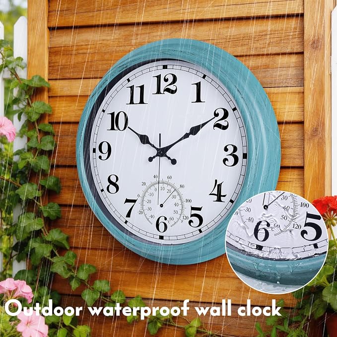 16 Inch Large Outdoor Clock Retro Waterproof Clock Non-Ticking Indoor/Outdoor Wall Clock with Thermometer, Battery Operated for Pool, Patio, Garden, Green