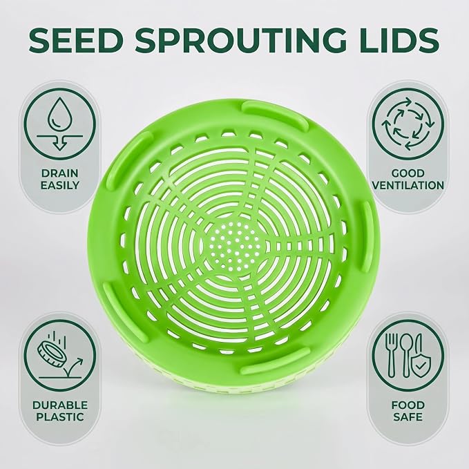 Sprouting Jar Growing Kit for Wide Mouth Mason Jars, Set of 4 Sprouting Lids for Growing Broccoli Seeds, Alfalfa, Mung Bean Sprouts, Masontops Bean Plastic Screen Strainer Lid (Jar Not Included)