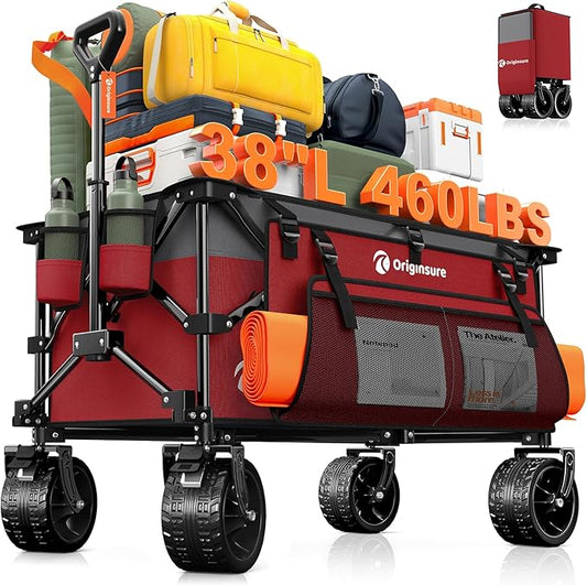 Originsure 220L Collapsible Wagon Cart Foldable, 460lbs Load Capacity Heavy Duty Folding Beach Wagons with Big All-Terrain Wheels, Utility Carts for Groceries, Camping, Sports - Grey&Burgundy