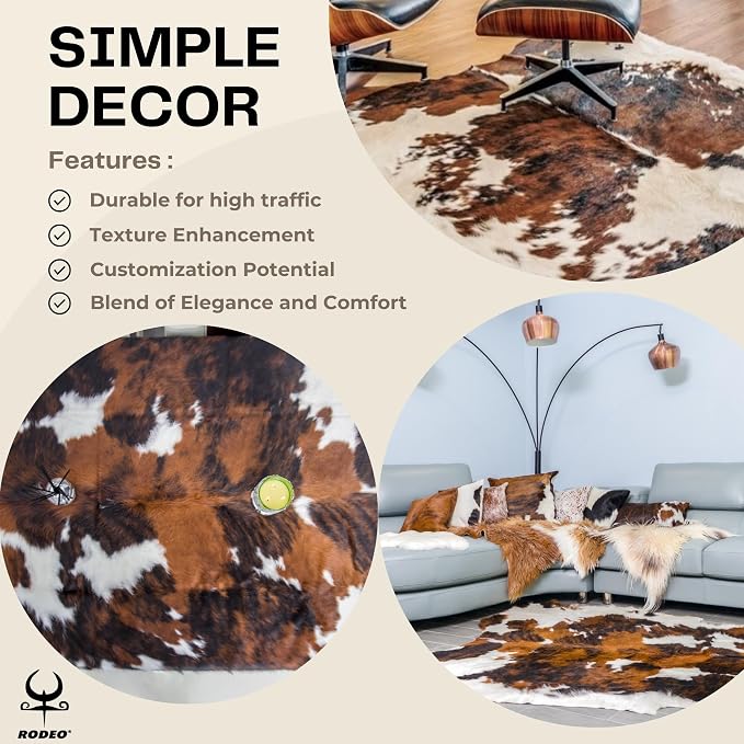rodeo Tricolor Cowhide Rug – Genuine Western Cowhide for Living Room, Bedroom, Office or Luxury Hotel Décor – Hypoallergenic, Pet & Child Friendly – Extra Large 7x8 ft Rug