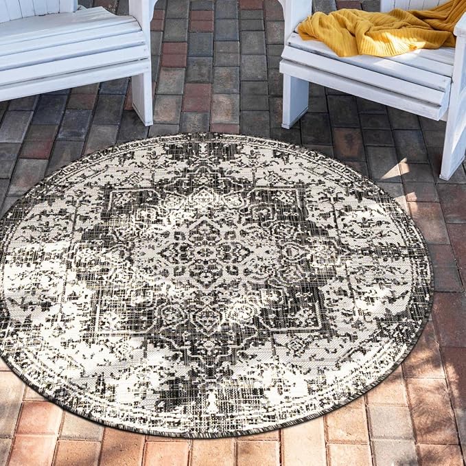 Unique Loom Jill Zarin Outdoor Collection Area Rug - Dubai (10' 8'' Round, Charcoal Gray/ Ivory)