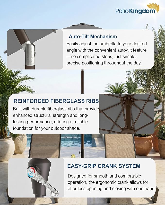 PatioKingdom Auto-Tilt 9FT Patio Umbrella Outdoor with 8 Sturdy Fiberglass Ribs,Market Table Umbrella for Pool,Backyard,Deck and Garden