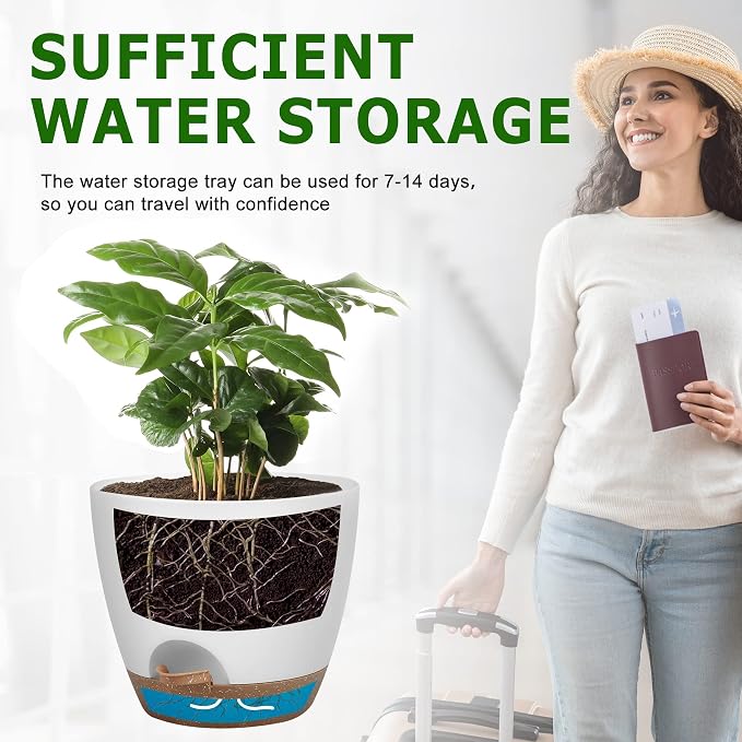 QRRICA Plant Pots 10/9/8/7.5/7 Inch Self Watering Pots, Set of 5 Plastic Planters with Drainage Holes and Saucers,Plastic Flower Pots,Nursery Planting Pot for Indoor Out Door Plants（White）