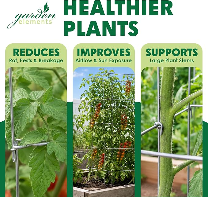 Garden Elements Square Tomato Cage, 48 Inch (Pack of 3) - Heavy Duty Galvanized Steel Plant Support, Collapsible Garden Trellis with 8-Leg Stability for Climbing Vegetables & Vines