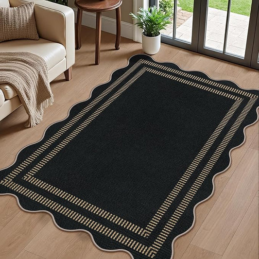 Modern Easy Jute 3x5 Outdoor Patio Rug, Black Washable Rugs for Entryway Indoor Kitchen Rugs, Farmhouse Neutral Non Slip Carpet for Living Room Backyard