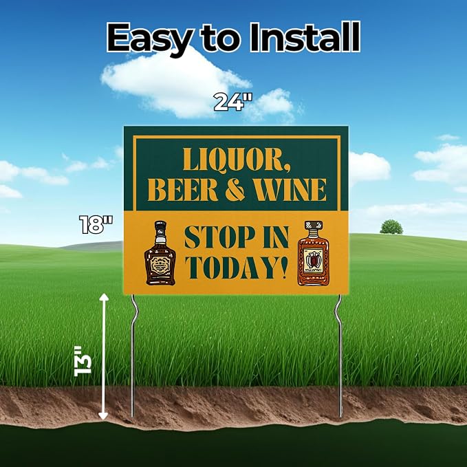 Liquor, Beer & Wine - Stop In Todday! Yard Sign by DC | 24"x18" Double Sided Conv. Store Garden Sign with 13” Metal Stakes | Outdoor Signs Waterproof for Lawn, Patio, Sidewalk & House | Set of 1