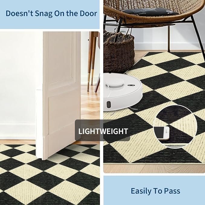 GarveeHome Checkered Rug Runners 2x6 Non Slip Kitchen Runner for Hallway | Soft Black and Brown Diamond Print Entryway Rug Thin Laundry Mat Stain Resistant Carpet for Bedroom Bathroom Beside