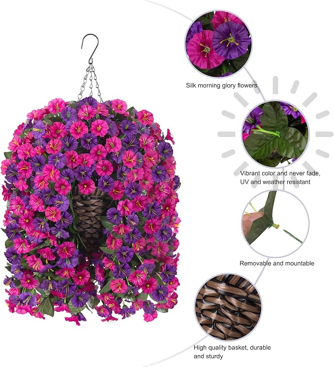 Artificial Fake Hanging Flowers in Basket for Outdoor Indoor Decoration,UV Resistant Faux Silk Dark Purple and Fuchsia Morning Glory Plants Realistic Hanging Planter for Outside Home Porch Yard