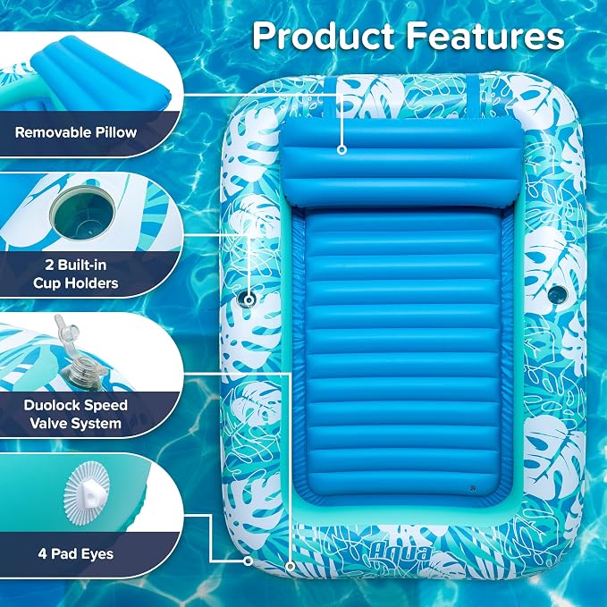 Aqua Inflatable Tanning Pool Lounger, Premium Pool Float with Cupholders and Removeable Pillow for Relaxation and Fun